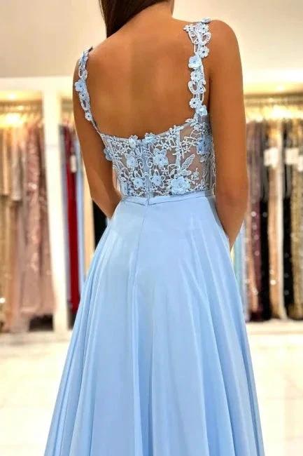 Beautiful Long Blue Simple Straps Appliques Sleeveless Evening Dresses With Slit by misshow.com