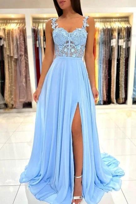 Beautiful Long Blue Simple Straps Appliques Sleeveless Evening Dresses With Slit by misshow.com