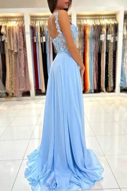 Beautiful Long Blue Simple Straps Appliques Sleeveless Evening Dresses With Slit by misshow.com