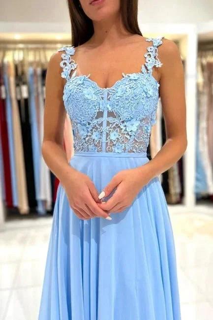 Beautiful Long Blue Simple Straps Appliques Sleeveless Evening Dresses With Slit by misshow.com