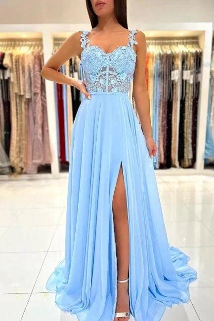 Beautiful Long Blue Simple Straps Appliques Sleeveless Evening Dresses With Slit by misshow.com
