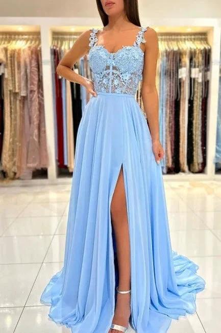 Beautiful Long Blue Simple Straps Appliques Sleeveless Evening Dresses With Slit by misshow.com