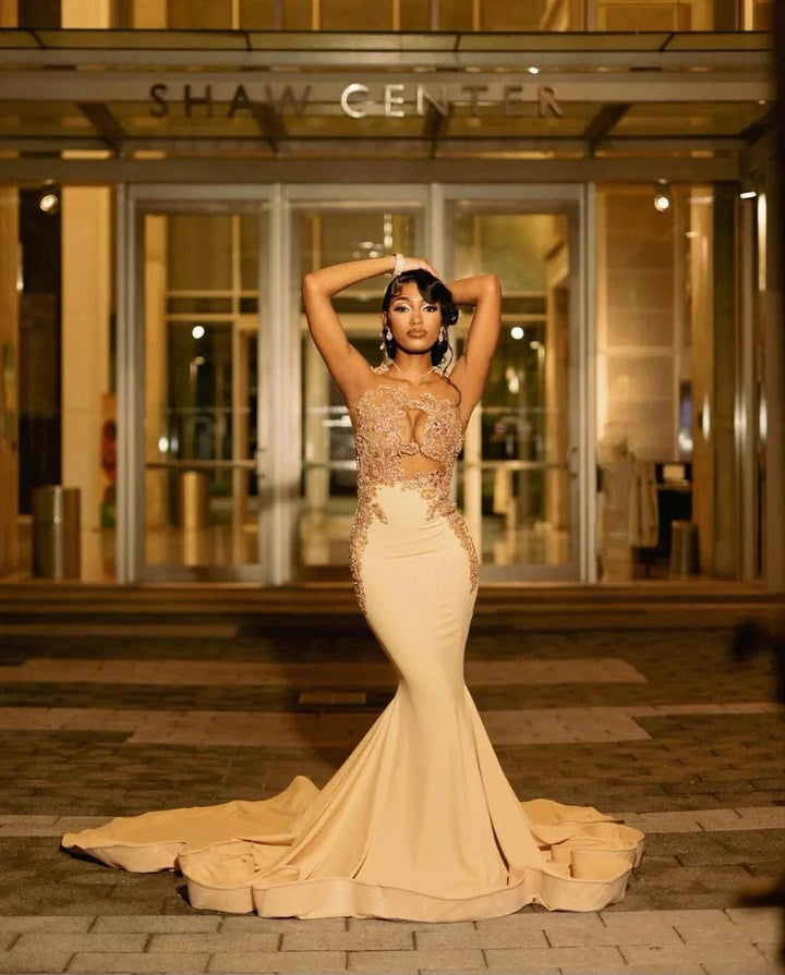 Beautiful Long Champagne Mermaid Sleeveless Beading Prom Dress With Lace by misshow.com