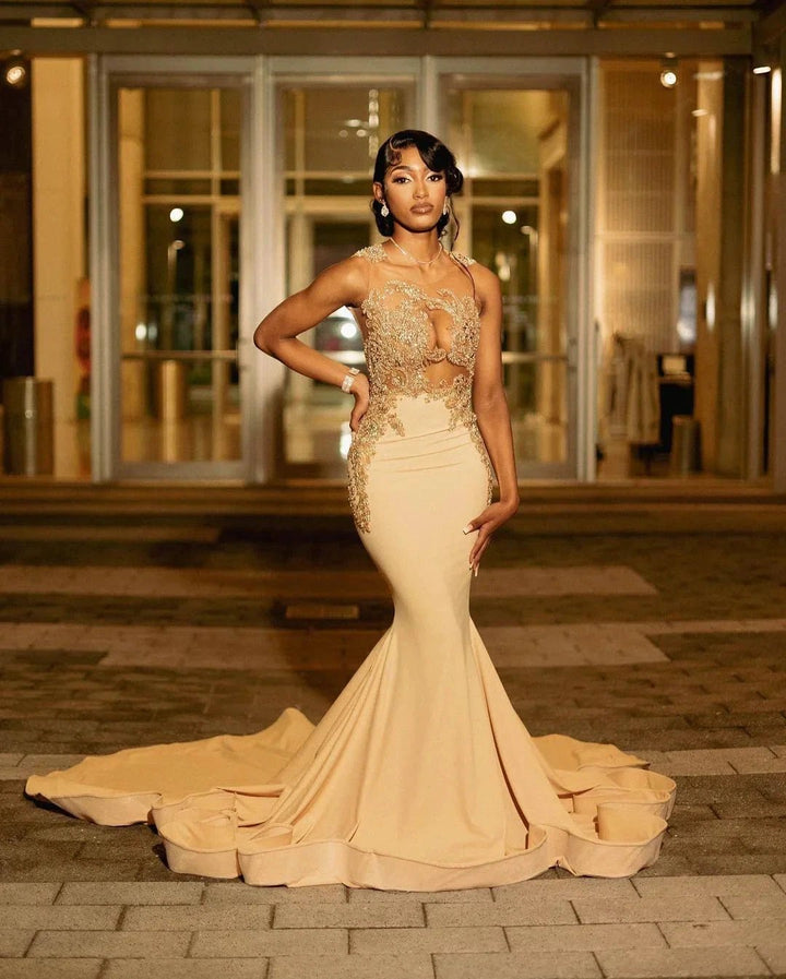 Beautiful Long Champagne Mermaid Sleeveless Beading Prom Dress With Lace by misshow.com