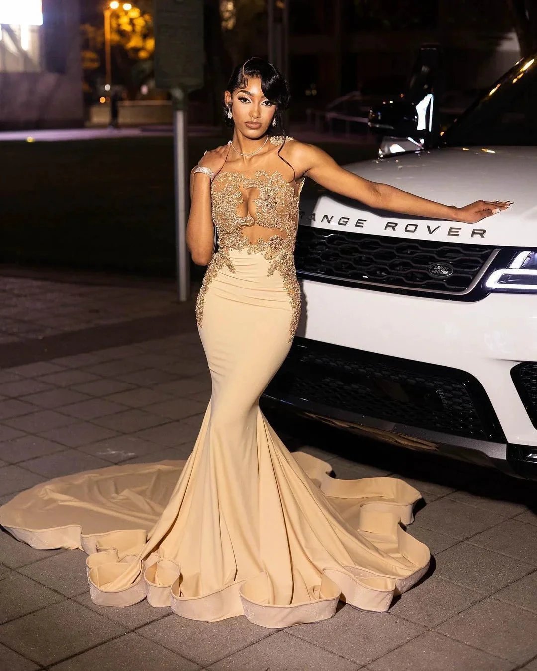 Beautiful Long Champagne Mermaid Sleeveless Beading Prom Dress With Lace by misshow.com