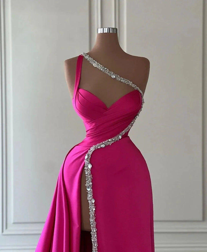 Beautiful Long Fuchsia One Shoulder Jewels Sleeveless Prom Dress With Slit by misshow.com