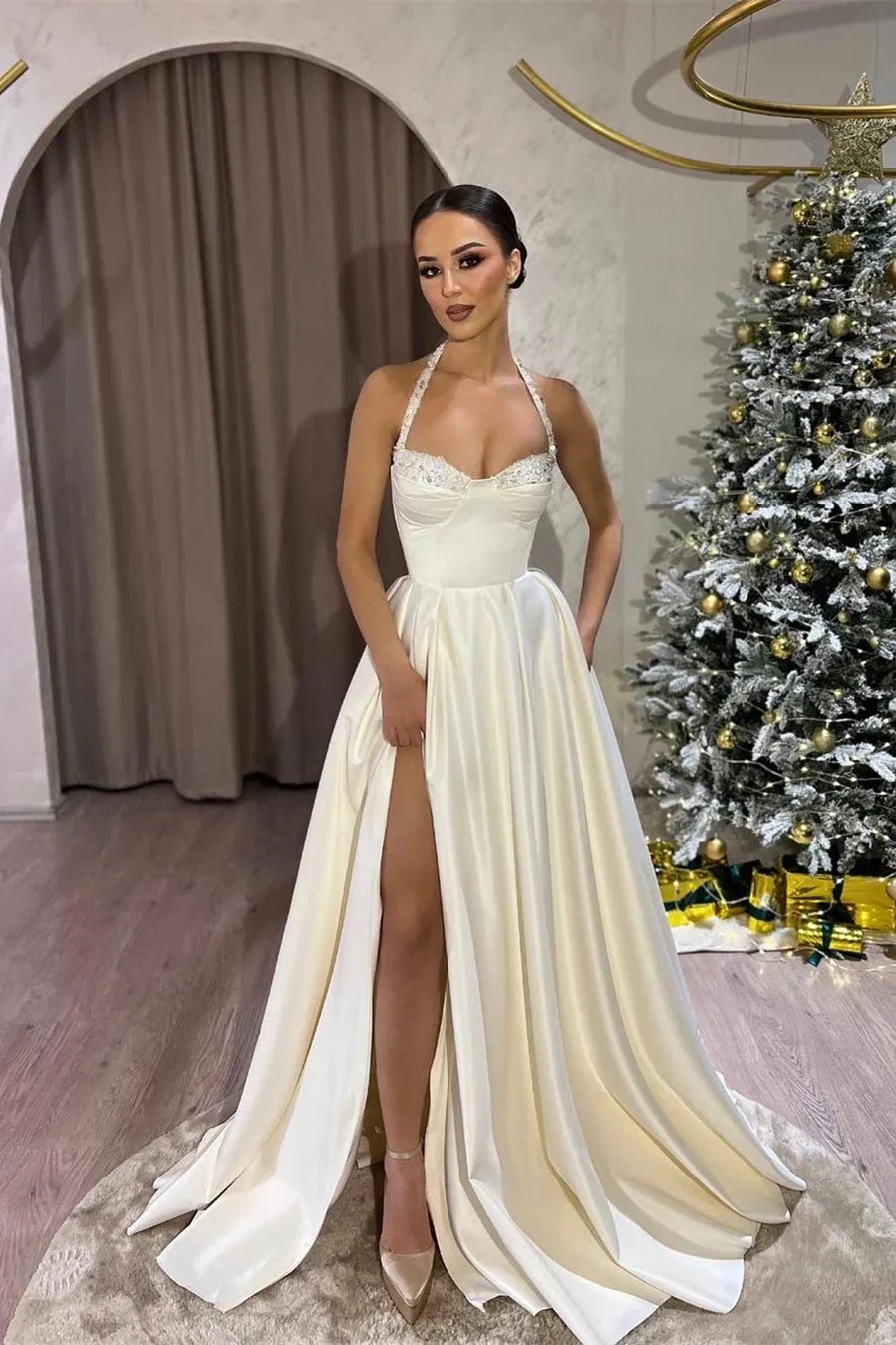 Beautiful Long Ivory A-line Halter Beading Sleeveless Wedding Dress With Slit by misshow.com