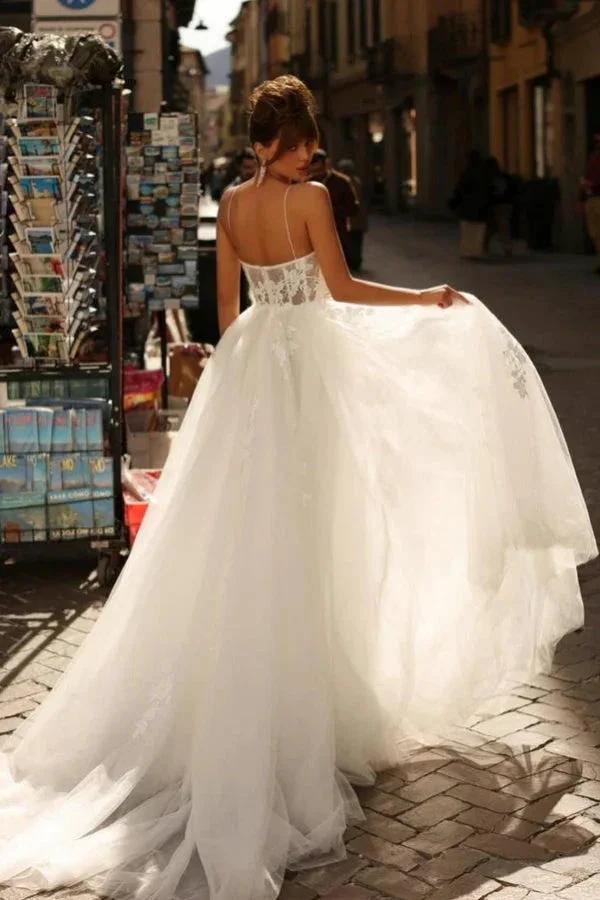 Beautiful Long Ivory A-line Spaghetti Straps Lace Tulle Wedding Dress by misshow.com