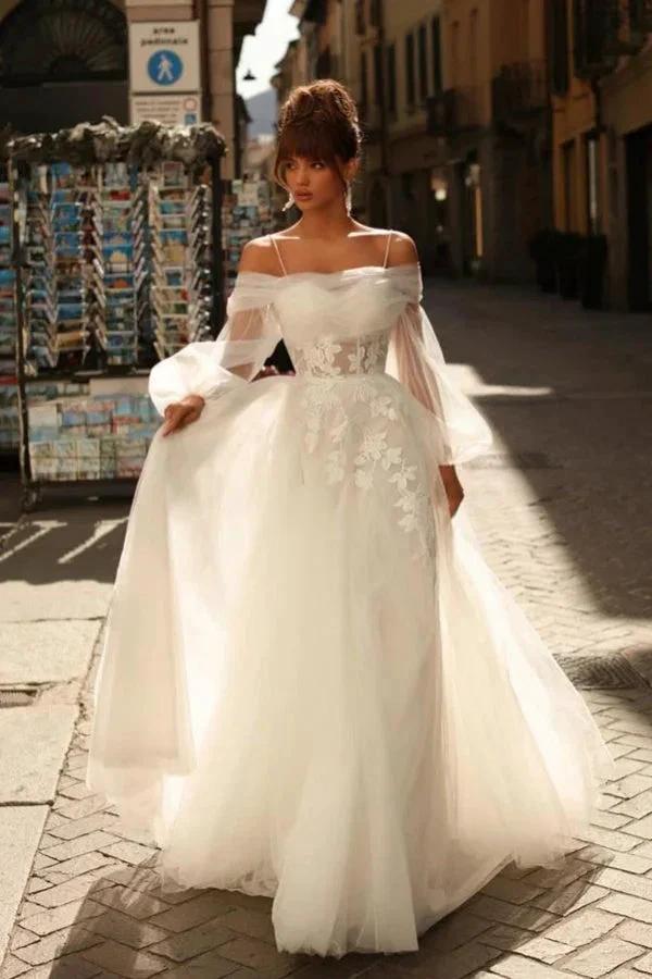 Beautiful Long Ivory A-line Spaghetti Straps Lace Tulle Wedding Dress by misshow.com