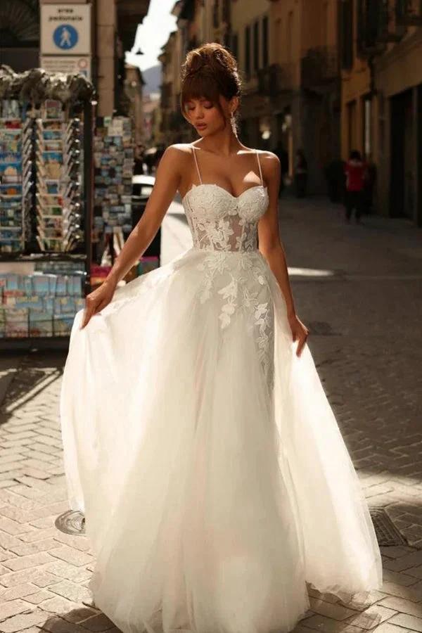 Beautiful Long Ivory A-line Spaghetti Straps Lace Tulle Wedding Dress by misshow.com