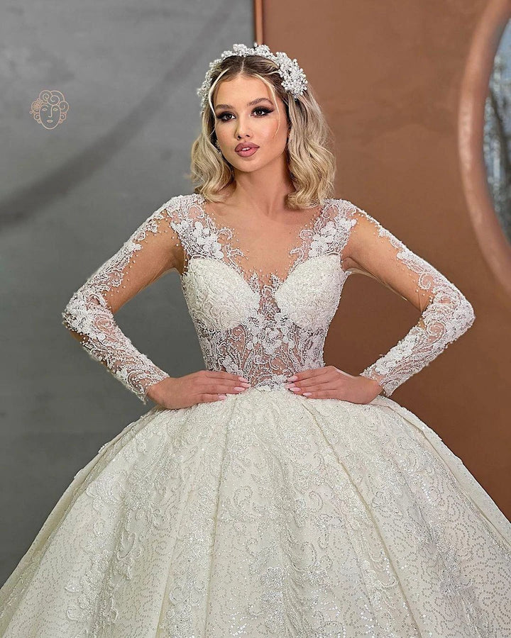 Beautiful Long Ivory Ball Gown Lace V-neck Wedding Dress by misshow.com