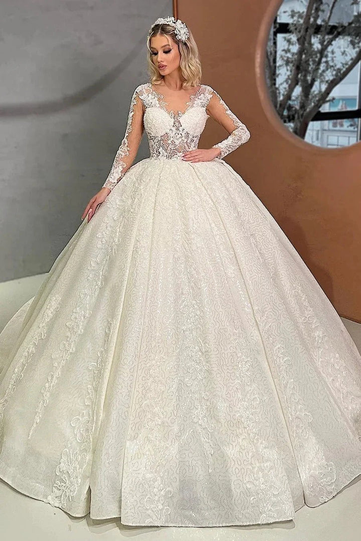 Beautiful Long Ivory Ball Gown Lace V-neck Wedding Dress by misshow.com
