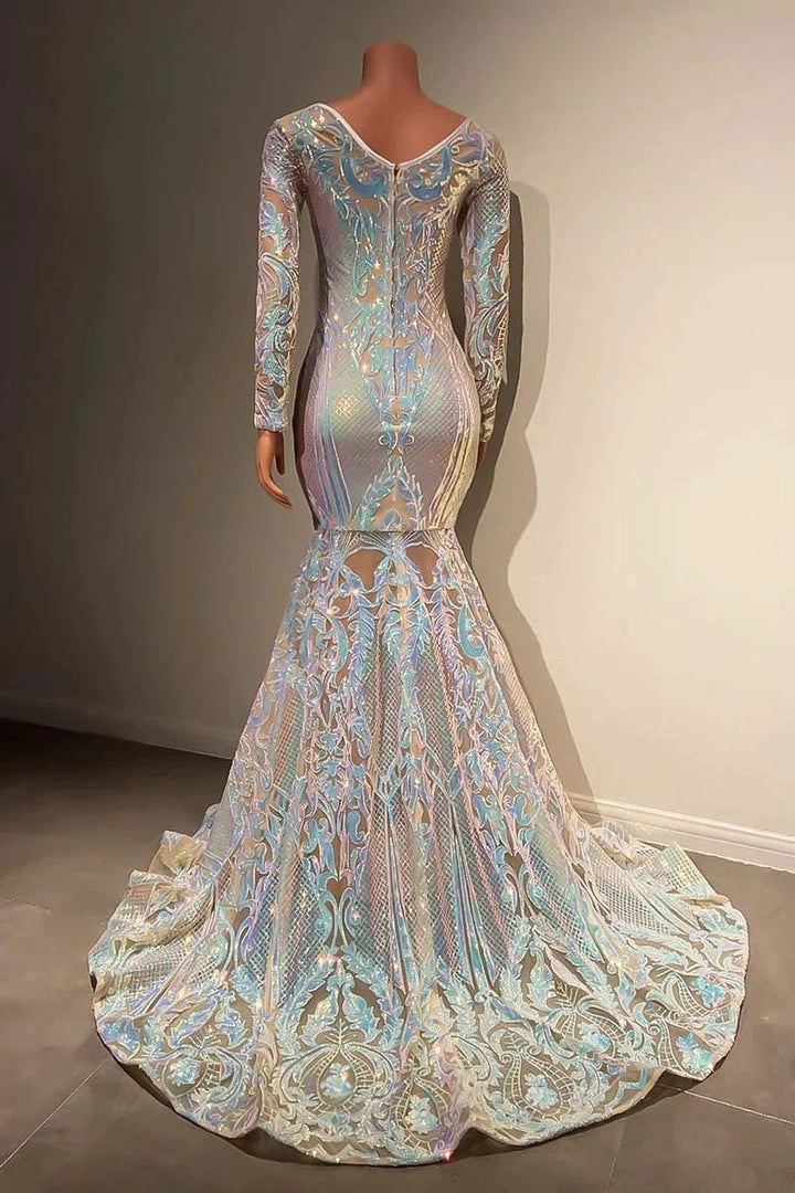 Beautiful Long Mermaid Lace Long Sleeves Evening Dress With Train by misshow.com