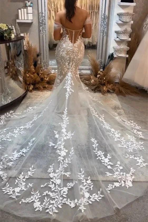 Beautiful Long Mermaid Off-the-shoulder Appliques Sleeveless Wedding Dress With Lace by misshow.com