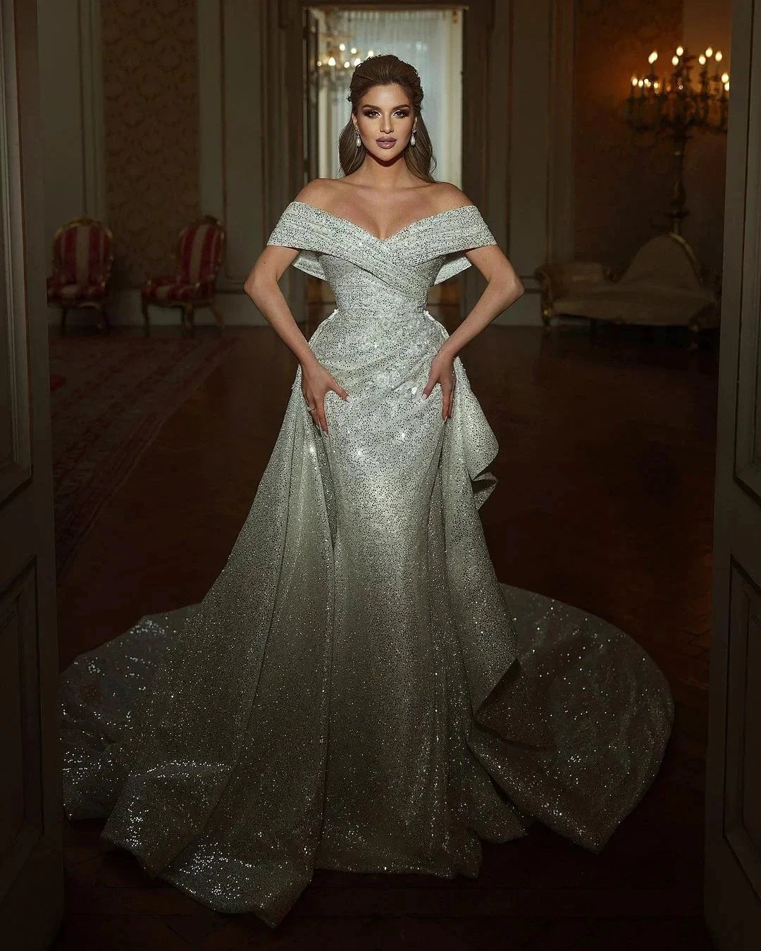 Beautiful Long Mermaid Off-the-shoulder Sequined Sleeveless Weddding Dress by misshow.com