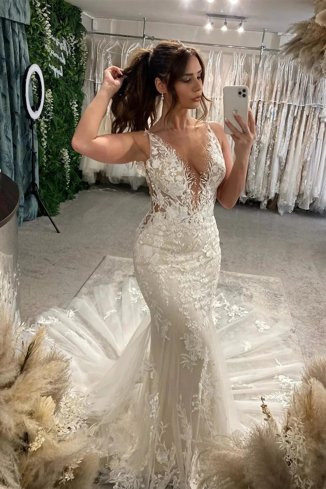Beautiful Long Mermaid Spaghetti Straps V-neck White Wedding Dresses With Lace by misshow.com