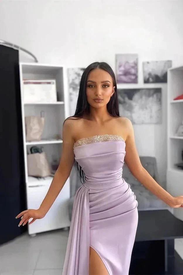 Beautiful Long Mermaid Strapless Satin Sleeveless Formal Prom Dress With Slit by BIZTUNNEL
