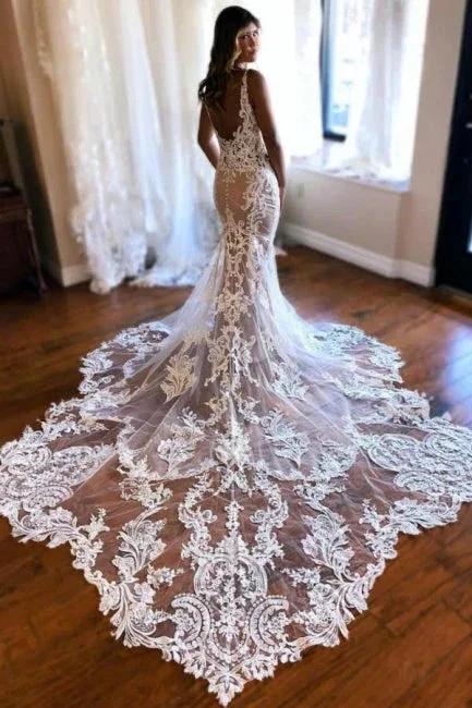 Beautiful Long Mermaid V-neck Sleeveless Lace Backless Wedding Dress with Train by misshow.com