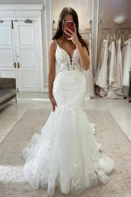 Beautiful Long Mermaid V-neck Spaghetti Straps Wedding Dresses with Lace by misshow.com