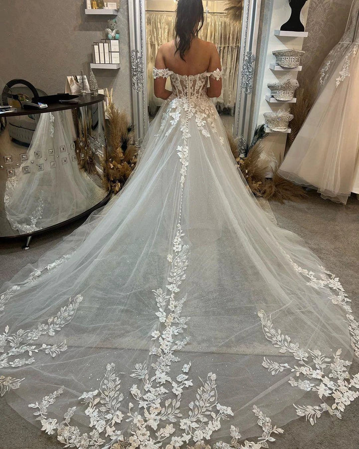 Beautiful Long Off-the-shoulder A-line Appliques Wedding Dress With Train by misshow.com