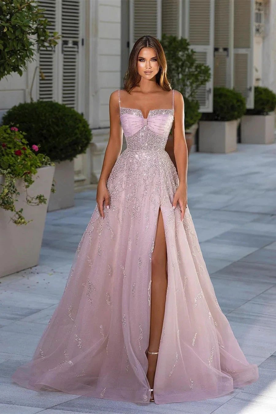 Beautiful Long Pink A-line Sequined Tulle Prom Dress With Slit by misshow.com