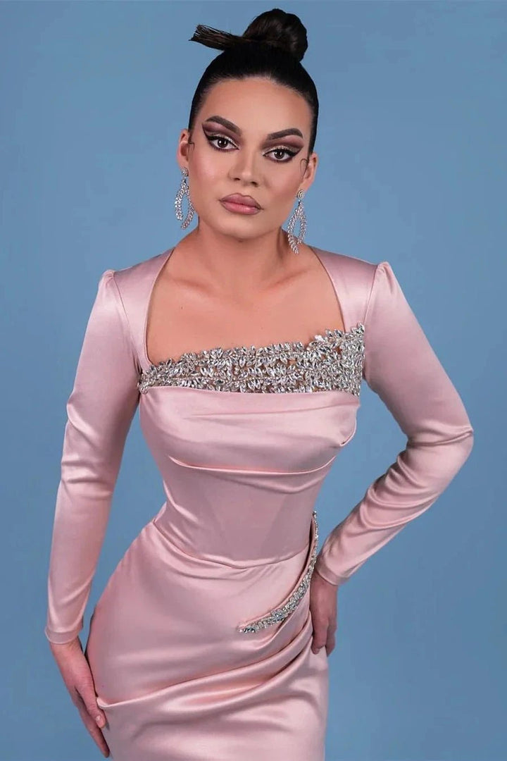 Beautiful Long Pink Mermaid Satin Prom Dress With Rhinestone by misshow.com