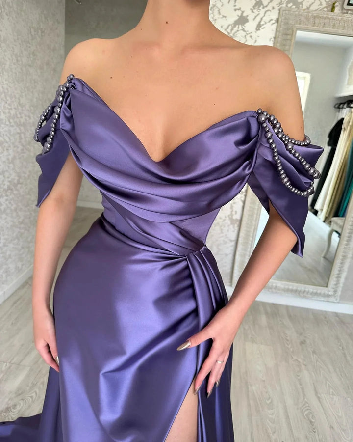 Beautiful Long Purple A-line Off-the-shoulder Sleeveless Prom Dresses With Slit by misshow.com