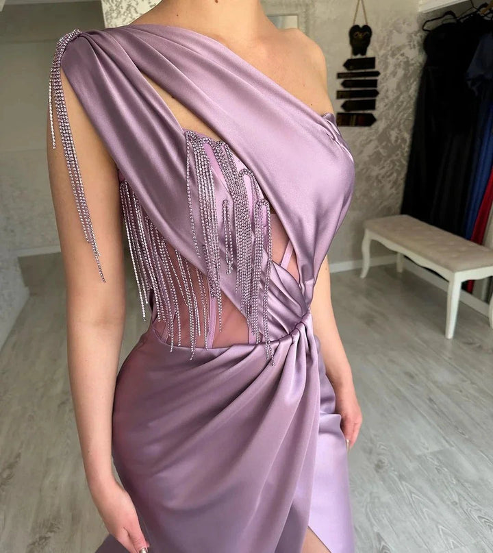 Beautiful Long Purple One Shoulder Beading Sleeveless Prom Dress With Slit by misshow.com