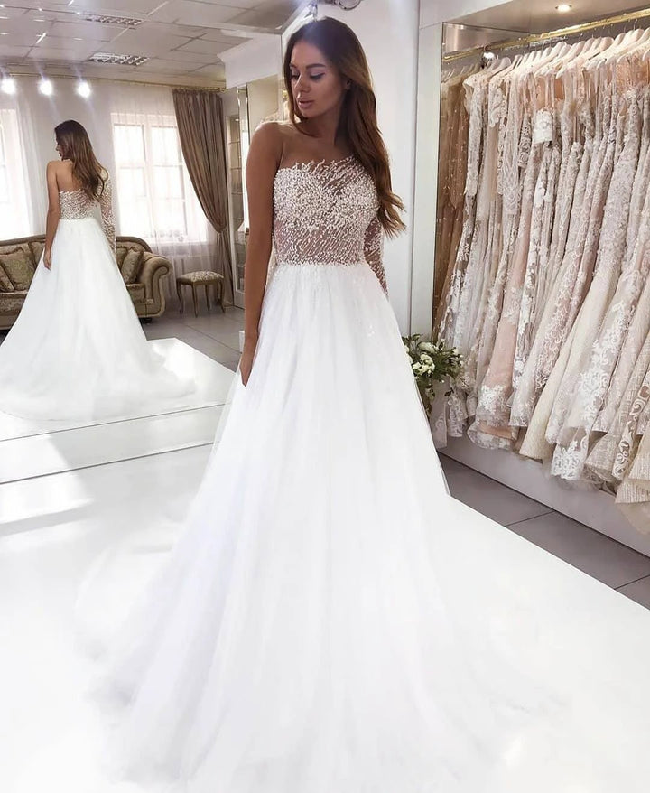 Beautiful Long Sleeve A-Line Bateau Pearl Lace Wedding Dress by BIZTUNNEL