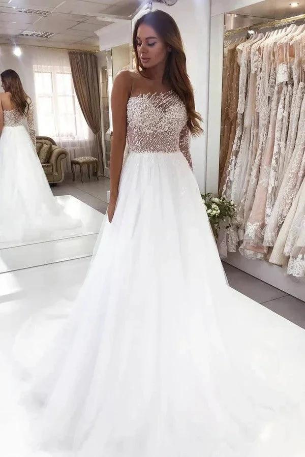 Beautiful Long Sleeve A-Line Bateau Pearl Lace Wedding Dress by BIZTUNNEL