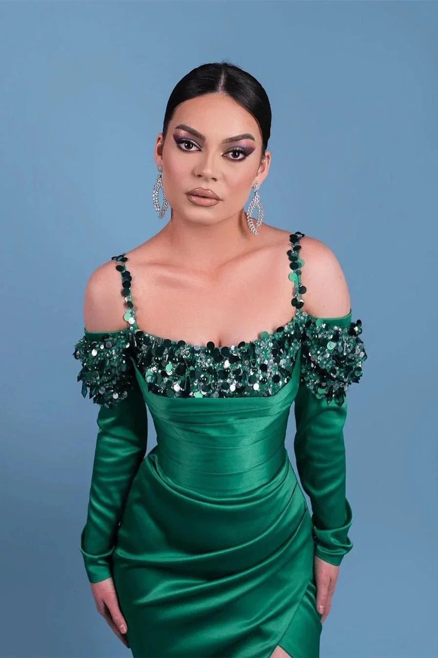 Beautiful Long Spaghetti Green Satin Mermaid Prom Dresses With Long Sleeve by misshow.com