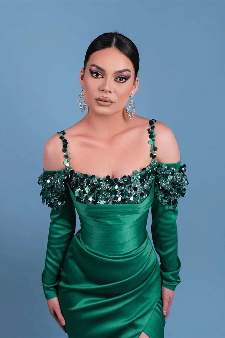 Beautiful Long Spaghetti Green Satin Mermaid Prom Dresses With Long Sleeve by misshow.com