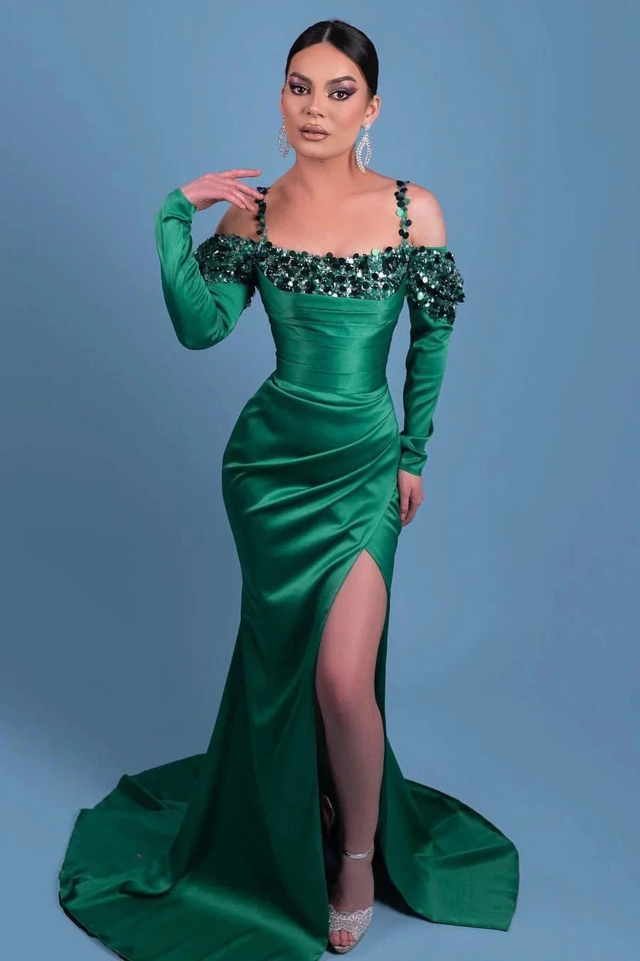 Beautiful Long Spaghetti Green Satin Mermaid Prom Dresses With Long Sleeve by misshow.com
