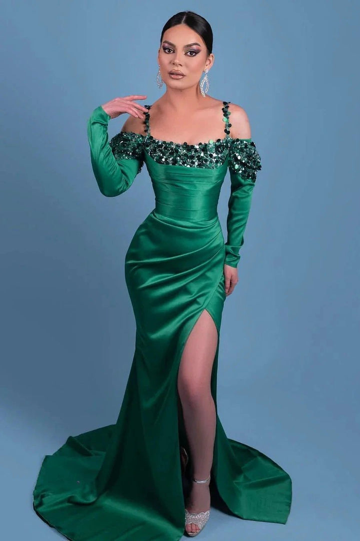 Beautiful Long Spaghetti Green Satin Mermaid Prom Dresses With Long Sleeve by misshow.com