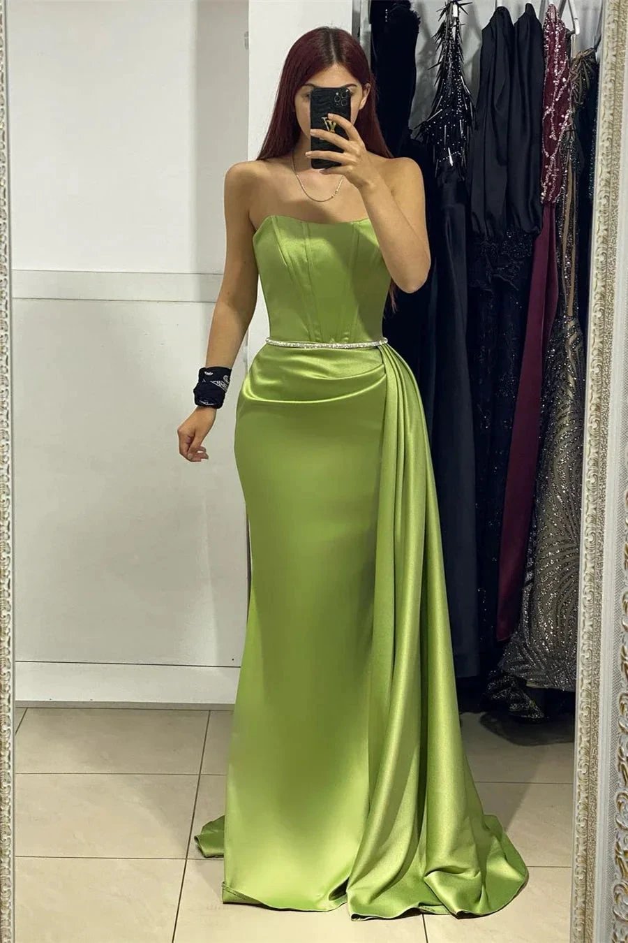 Beautiful Long Strapless Sleeveless Satin Mermaid Prom Dress by misshow.com
