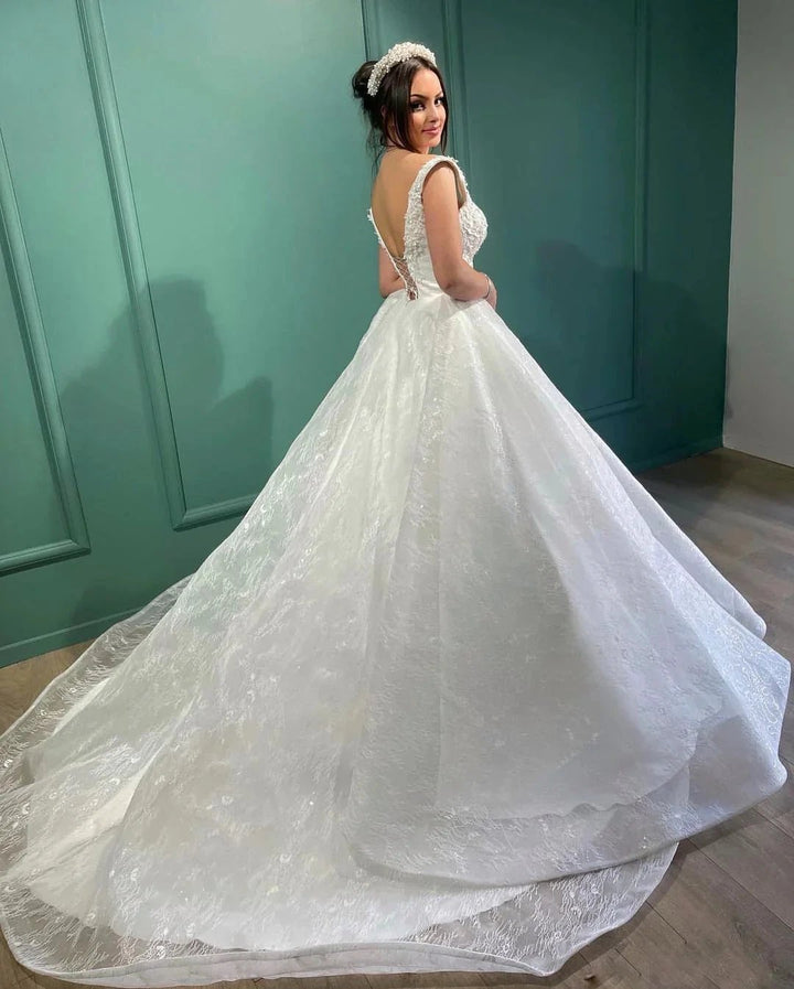 Beautiful Long White A-line V-neck Lace Sleeveless Wedding Dress by misshow.com