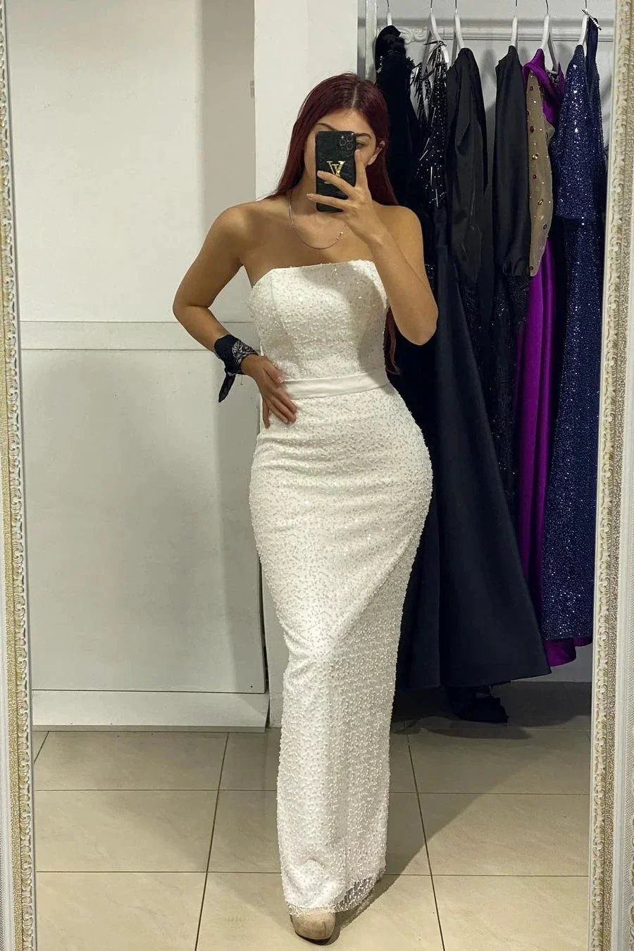 Beautiful Long White Strapless Sleeveless Mermaid Prom Dress With Beading by misshow.com