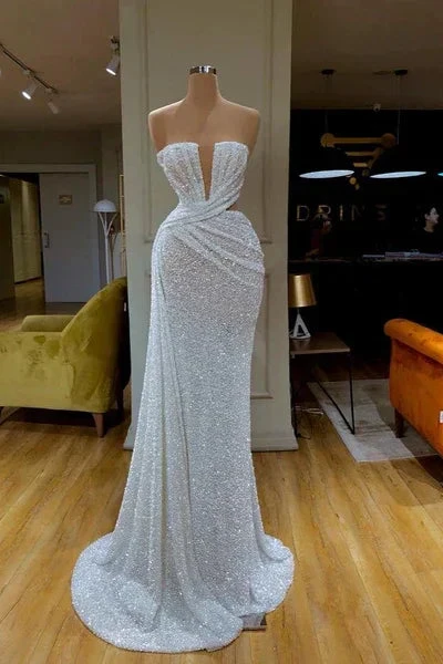 Beautiful Long White V-neck Sleeveless Sequined Mermaid Prom Dress by misshow.com