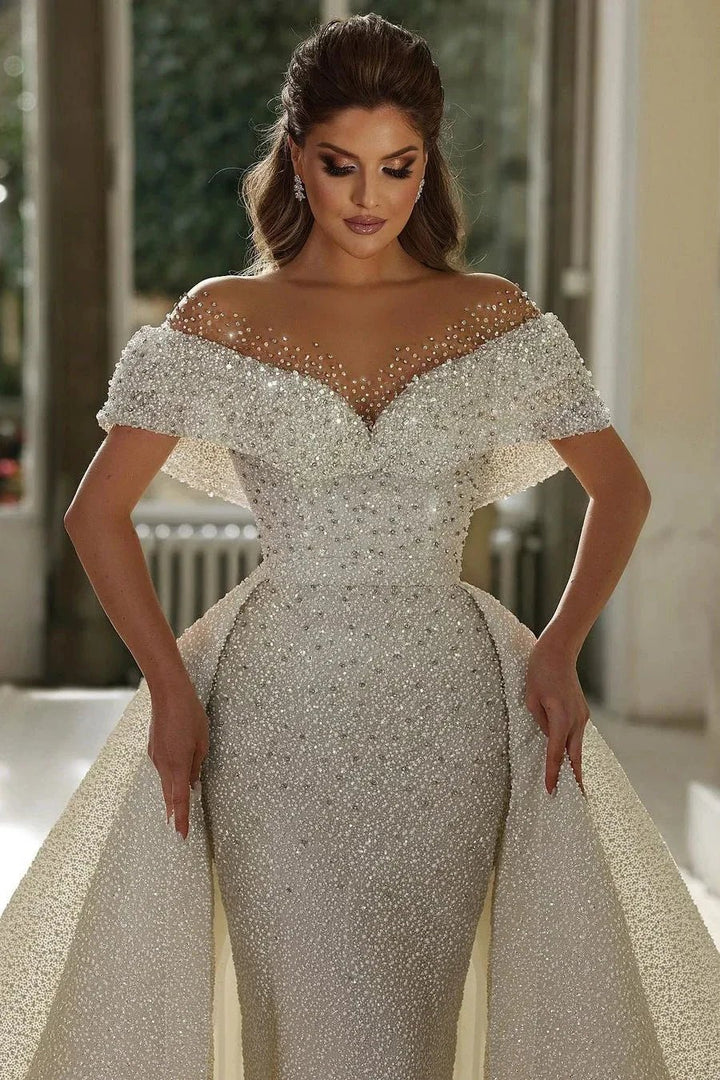 Beautiful Mermaid Panel Portrait Wedding Dresses With Beaded by misshow.com