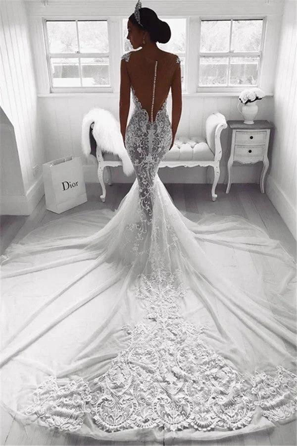 Beautiful Mermaid Straps Wedding Dress Sheer Tulle Sleeveless Appliques Bridal Wears by misshow.com