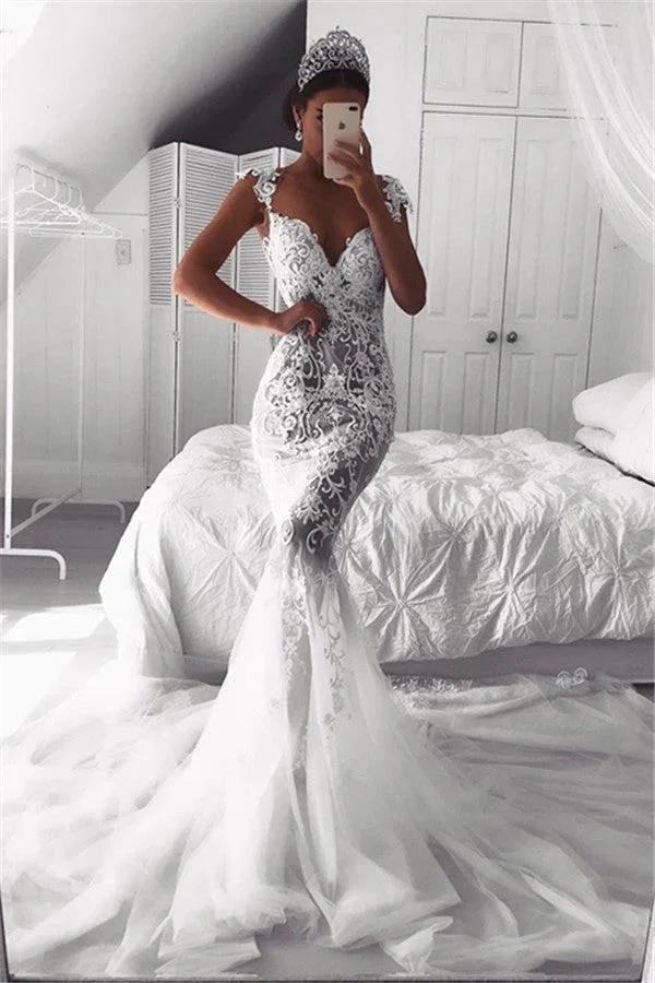 Beautiful Mermaid Straps Wedding Dress Sheer Tulle Sleeveless Appliques Bridal Wears by misshow.com