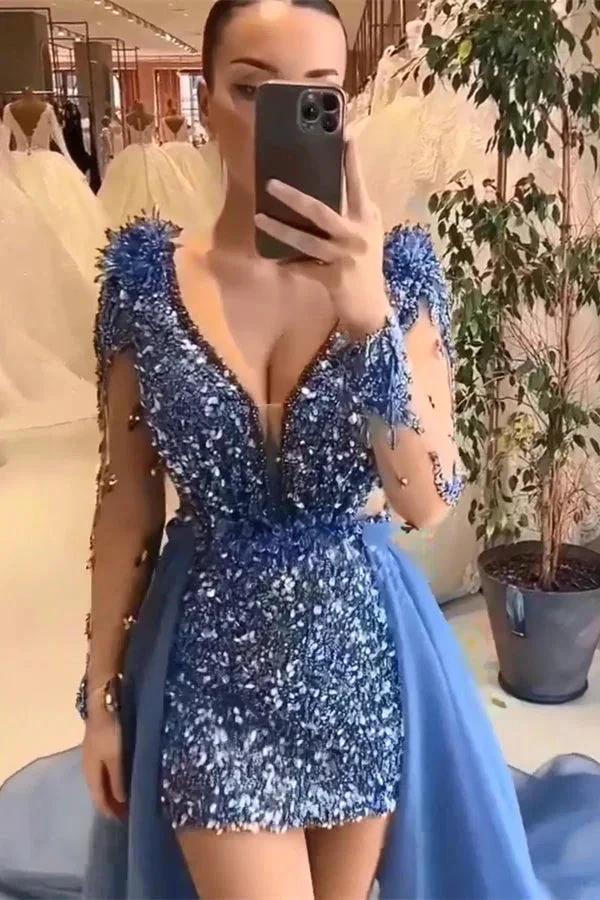 Beautiful Mini V-Neck Long Sleeveless Sheath Sequined Prom Dress with Court Train by misshow.com