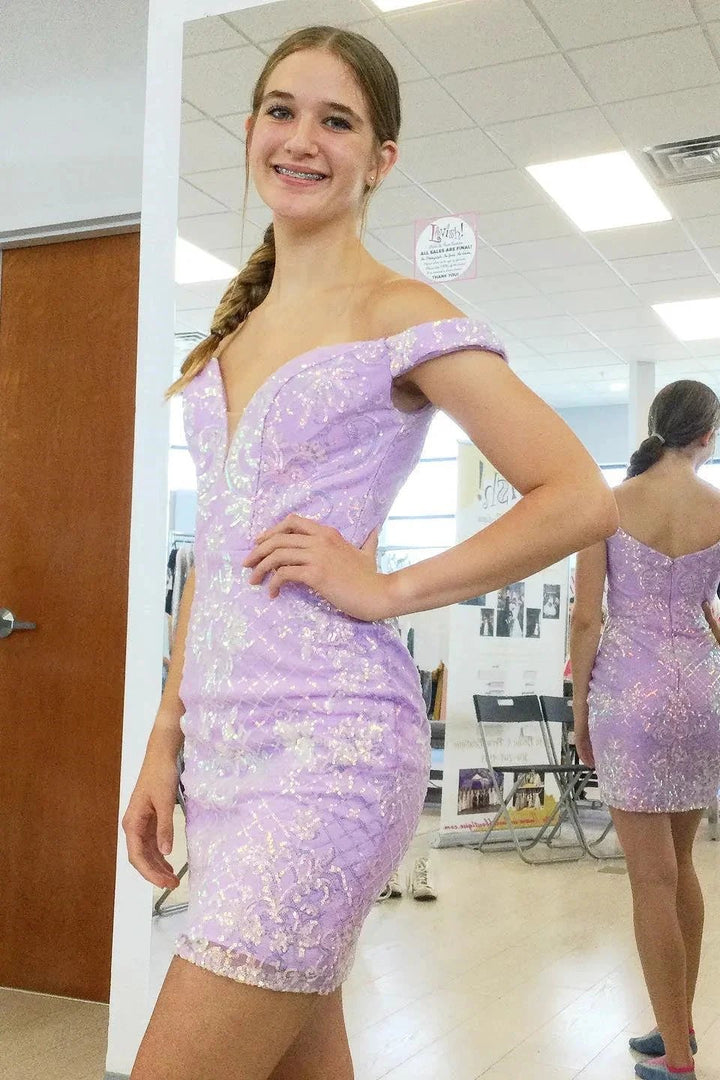 Beautiful Off-the-shoulder Lilac V-neck Homecoming Dress With Lace by misshow.com