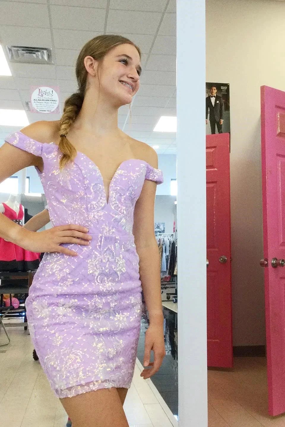 Beautiful Off-the-shoulder Lilac V-neck Homecoming Dress With Lace by misshow.com
