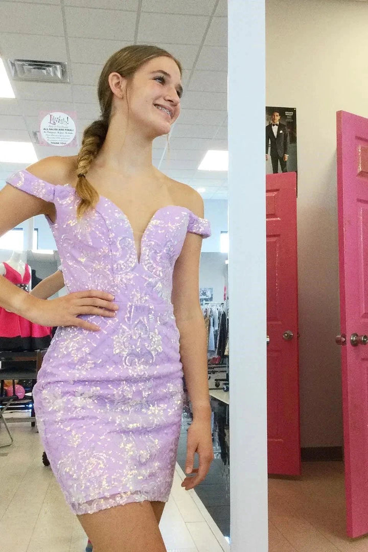 Beautiful Off-the-shoulder Lilac V-neck Homecoming Dress With Lace by misshow.com
