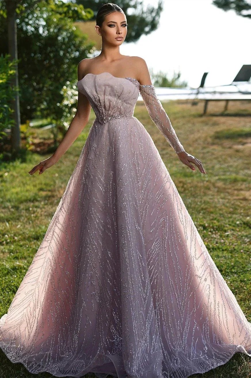Beautiful Off-the-shoulder Long Sleeve A-line Prom Dress With Ruffles by misshow.com