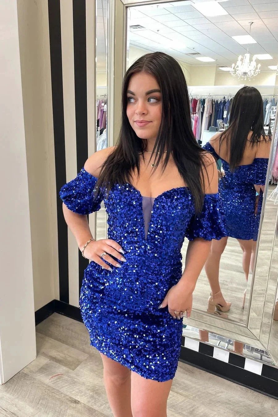 Beautiful Off-the-shoulder Royal Blue Backless Sequined Homecoming Dress by misshow.com