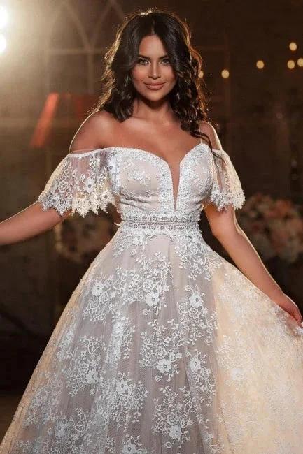 Beautiful Off-the-shoulder Short Sleeve A-Line Floor-Length Lace Wedding Dresses by misshow.com