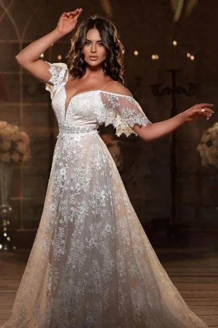 Beautiful Off-the-shoulder Short Sleeve A-Line Floor-Length Lace Wedding Dresses by misshow.com