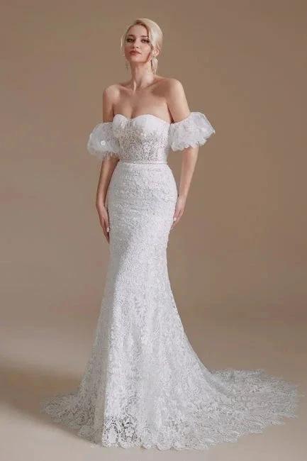Beautiful Off-the-shoulder Sleeveless Mermaid Floor-Length Lace Wedding Dresses with Applique by misshow.com
